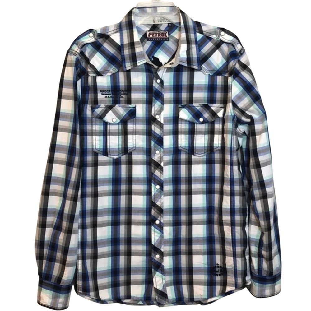 Petrol Industries Mens XL Plaid Pearl Snap Western Shirt Blue Moto Graphic Back